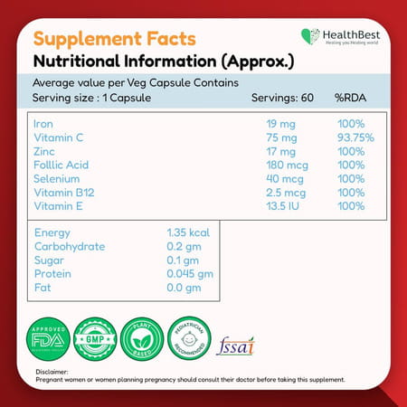 Healthbest Haemobest Capsules Iron Supplement | Increases Hemoglobin |1 Bottle (60 Capsule)