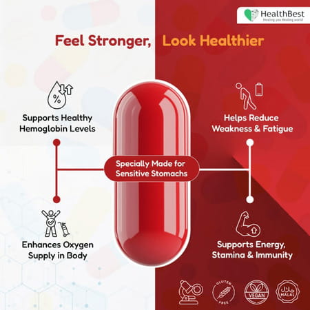 Healthbest Iron Capsules For Hemoglobin Support Energy & Immunity - 30 Capsules