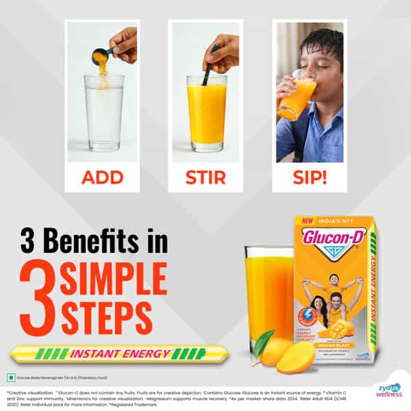 Glucon-D Mango Blast With 3 Benefits Of Energy | Recovery | And Immunity | 1 Kg Box (Free 250 G)