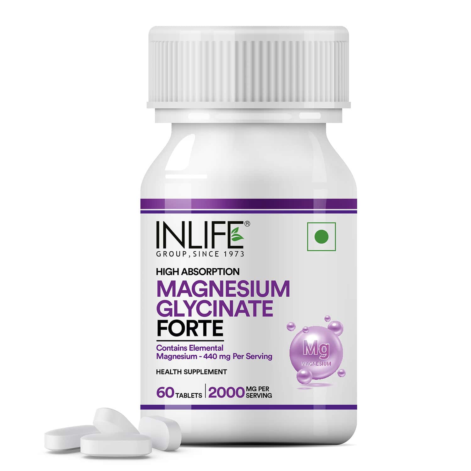 Inlife Chelated Magnesium Glycinate Supplement 2000mg Per Serving - 60 Tablets