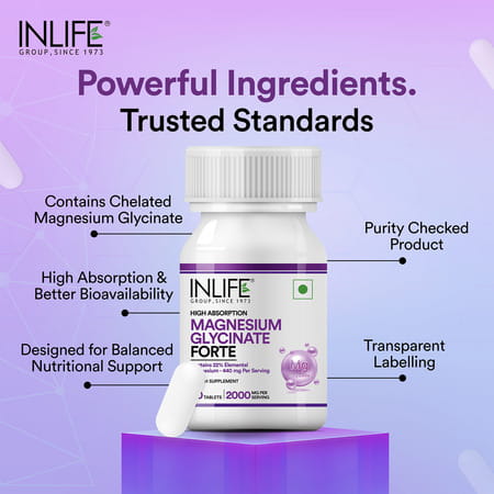 Inlife Chelated Magnesium Glycinate Supplement 2000mg Per Serving - 60 Tablets