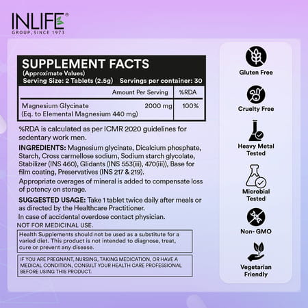 Inlife Chelated Magnesium Glycinate Supplement 2000mg Per Serving - 60 Tablets