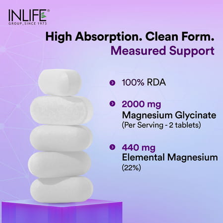 Inlife Chelated Magnesium Glycinate Supplement 2000mg Per Serving - 60 Tablets