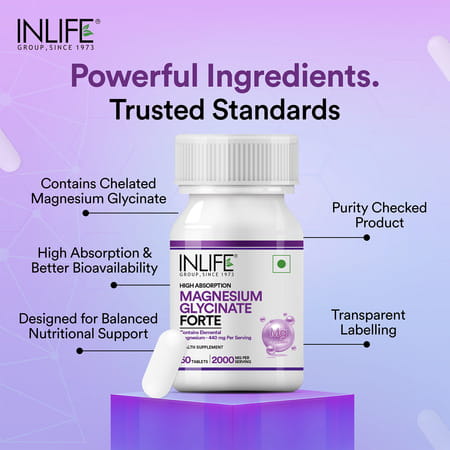 Inlife Magnesium Glycinate 2000Mg Chelated Forte | Bisglycinate Form | Men & Women - 60 Tablets