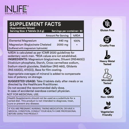 Inlife Magnesium Glycinate 2000Mg Chelated Forte | Bisglycinate Form | Men & Women - 60 Tablets