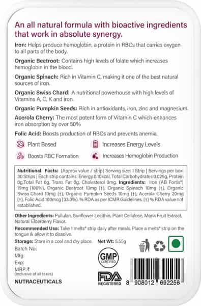 Wellbeing Nutrition Melts Vital Iron Plant Based Iron And Folic Acid Supplement (30 Strips)
