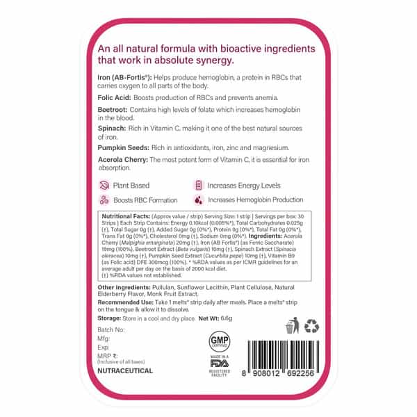 Wellbeing Nutrition Melts Vital Iron Plant Based Iron And Folic Acid Supplement (30 Strips)