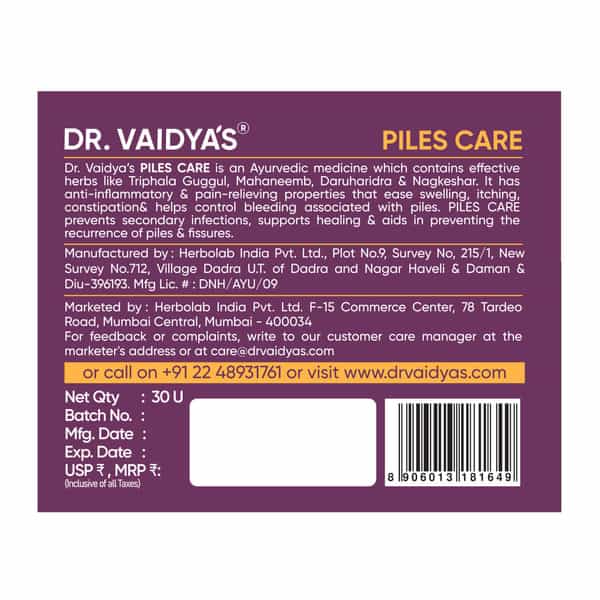 Dr. Vaidya's Piles Care-30 Capsules - Pack Of 1