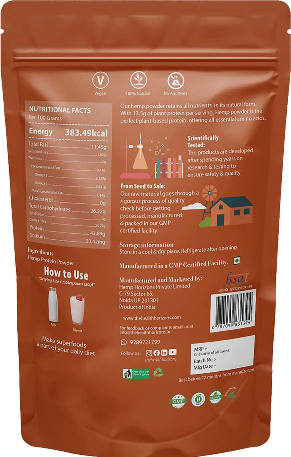 Buy HEALTH HORIZONS HEMP PROTEIN POWDER EARTHY FLAVOUR WITH OMEGA 3