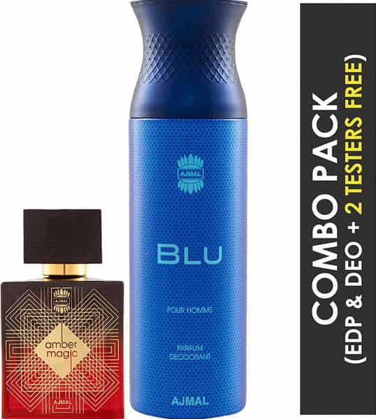 Ajmal Amber Magic Eau De Parfum 100Ml Perfume For Men And Blu Homme Deodorant 200Ml For Men