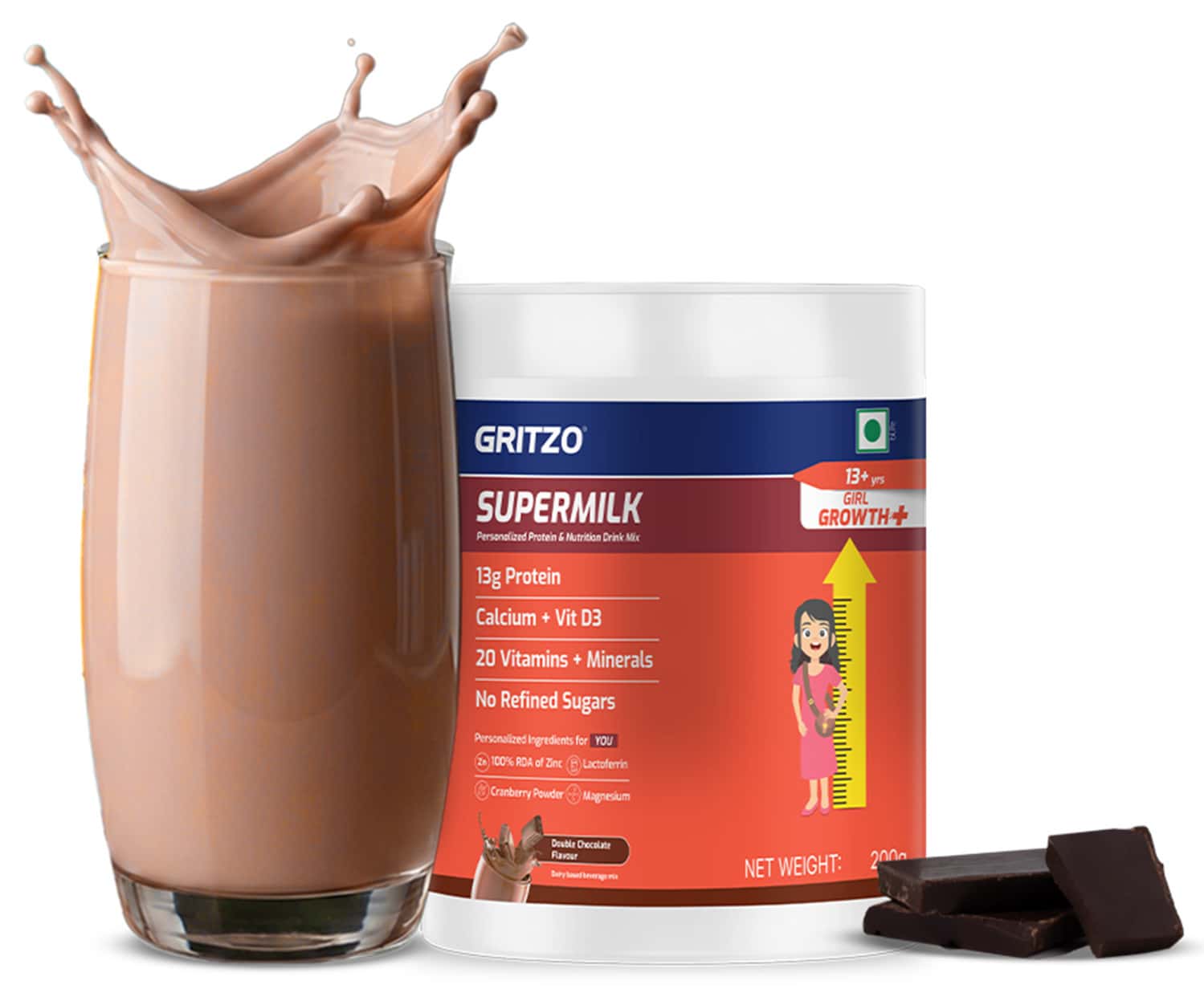 Gritzo Supermilk Growth+ (13+y Girls) | 13g Protein (double Chocolate | 200g) | Zero Refined Sugar