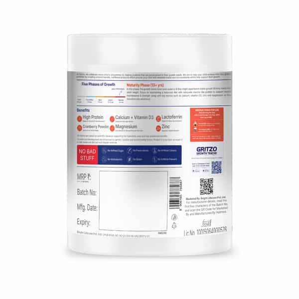 Gritzo Supermilk Growth+ (13+Y Girls) | 13G Protein (Double Chocolate | 200G) | Zero Refined Sugar