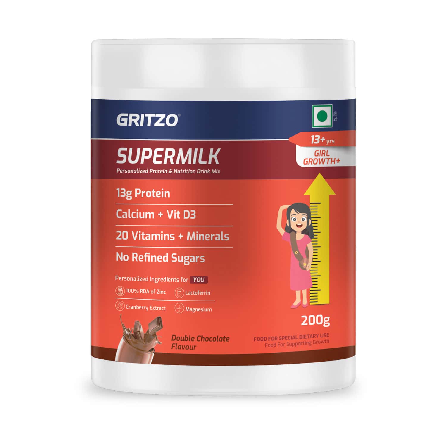 Gritzo Supermilk Growth+(formerly Height+) (13+y Girls) | 13g Protein Powder (double Choco | 200g)