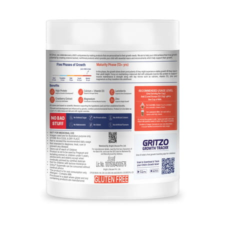 Gritzo Supermilk Growth+(Formerly Height+) (13+Y Girls) | 13G Protein Powder (Double Choco | 200G)