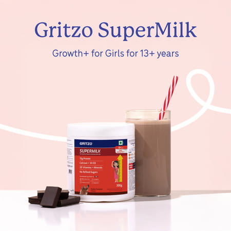 Gritzo Supermilk Growth+(Formerly Height+) (13+Y Girls) | 13G Protein Powder (Double Choco | 200G)