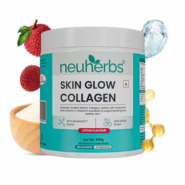 Neuherbs Skin Glow Collagen Powder- 200G (Litchi Flavour) With Hyaluronic Acid | Vitamin E & C