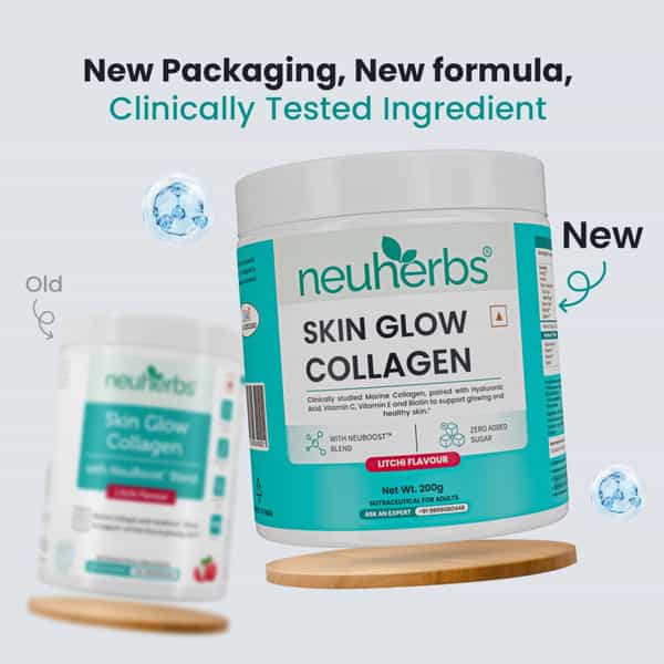 Neuherbs Skin Glow Collagen Powder- 200G (Litchi Flavour) With Hyaluronic Acid | Vitamin E & C
