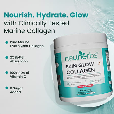 Neuherbs Skin Glow Collagen Powder- 200g (Litchi Flavour) With Hyaluronic Acid | Vitamin E & C