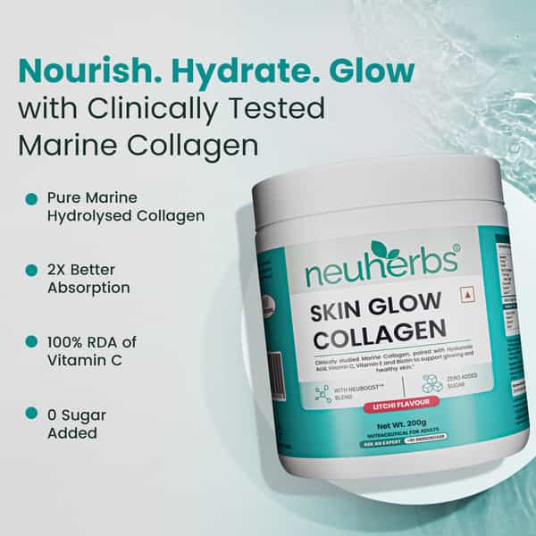 Neuherbs Skin Glow Collagen Powder- 200G (Litchi Flavour) With Hyaluronic Acid | Vitamin E & C