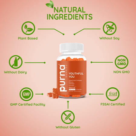 Purna Gummies Superfruits Collagen Gummies Mixed Fruit Flavor For Healthy Hair | 30 Days Pack