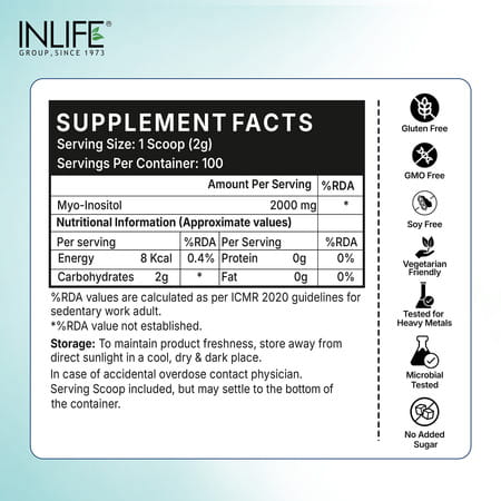 Inlife Myo Inositol Powder Supplement 2000Mg | Pcos, Helps Manage Irregular Periods,Relaxation, 200G