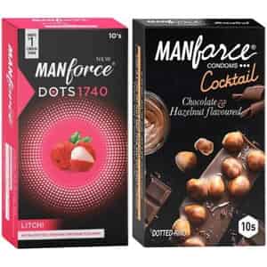 Manforce Extra Dotted Litchi & Cocktail Condoms Hazelnut & Chocolate Flavoured(set Of 2 20 Pcs)