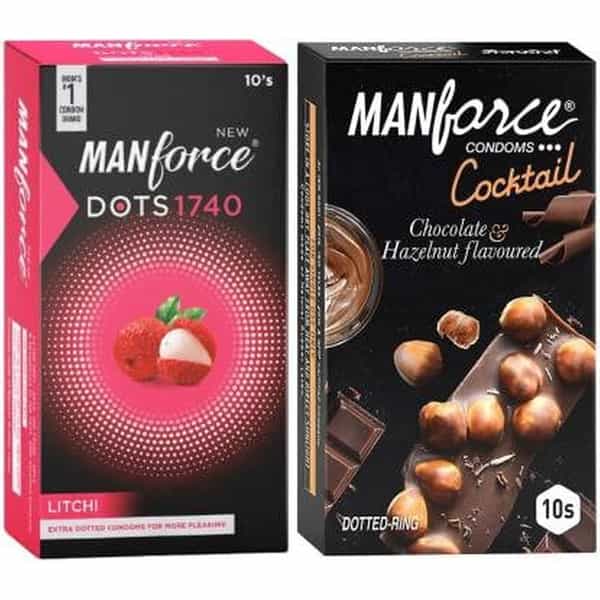 Manforce Extra Dotted Litchi & Cocktail Condoms Hazelnut & Chocolate Flavoured(Set Of 2 20 Pcs)