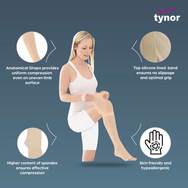 Tynor Medical Compression Stocking Knee High Class 2 (Pair) Beige Large Pack Of 2