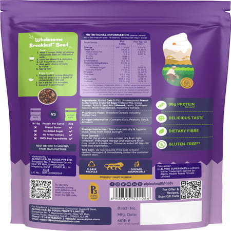 Alpino High Protein Super Oats Chocolate Pouch 400 Gm