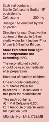 Cefaxone 0.25gm Dry Vial Of 1 Powder For Injection