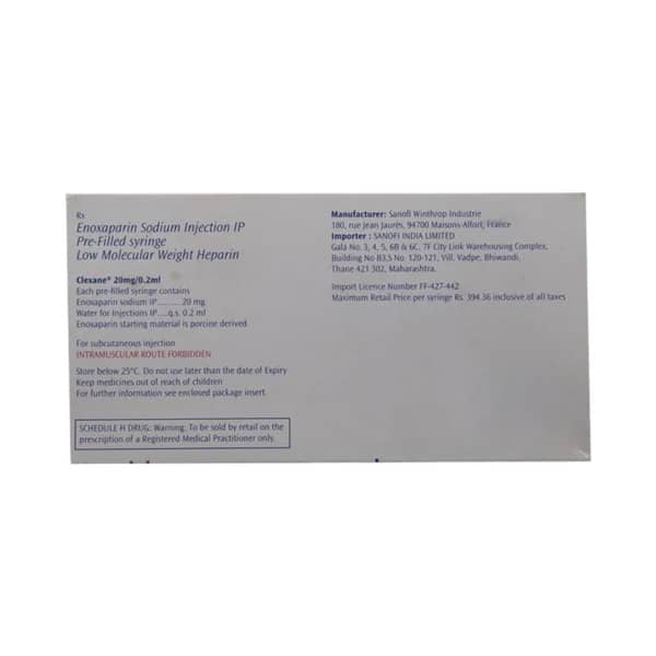 Clexane 20mg Pre Filled Syringe Of 0.2ml Solution For Injection