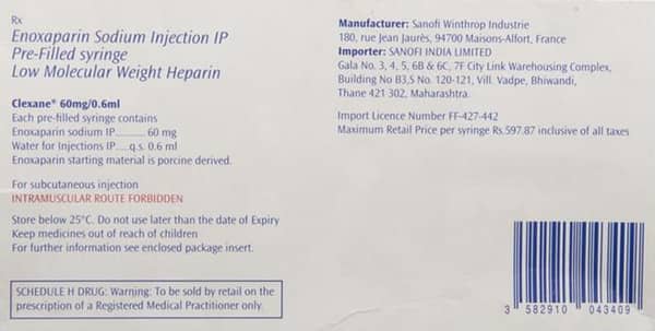 क्लेक्सेन 60MG/0.6ml इन्जेक्शन 2x0.6ml के लिए सॉल्यूशन
