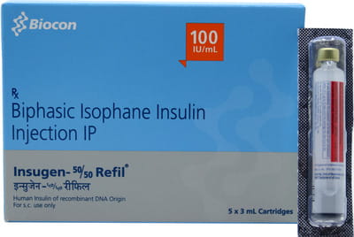 Insugen 50/50 Refil 100iu Cartridges Of 3ml Suspension For Injection