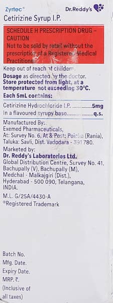 Zyrtec Bottle Of 60ml Syrup