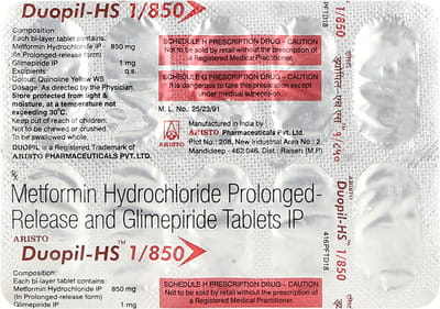 Duopil Hs 1/850mg Strip Of 10 Tablets