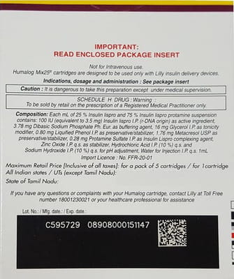 Humalog Mix 25 Cartridge Of 3ml Suspension For Injection