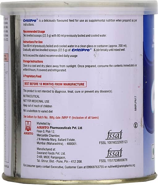 Critipro Vanilla Flavour Tin Of 200gm Oral Powder
