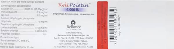 Relipoietin 4000iu Pre Filled Syringe Of 0.4ml Injection