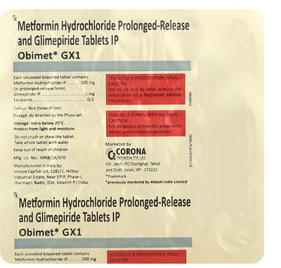 ओबिमेट जीएक्स 1एमजी 15 टैबलेट की स्ट्रिप