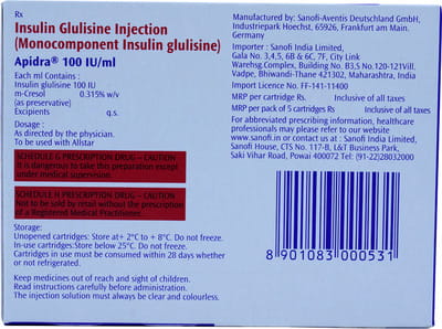 Apidra 100iu Cartridge Of 3ml Solution For Injection