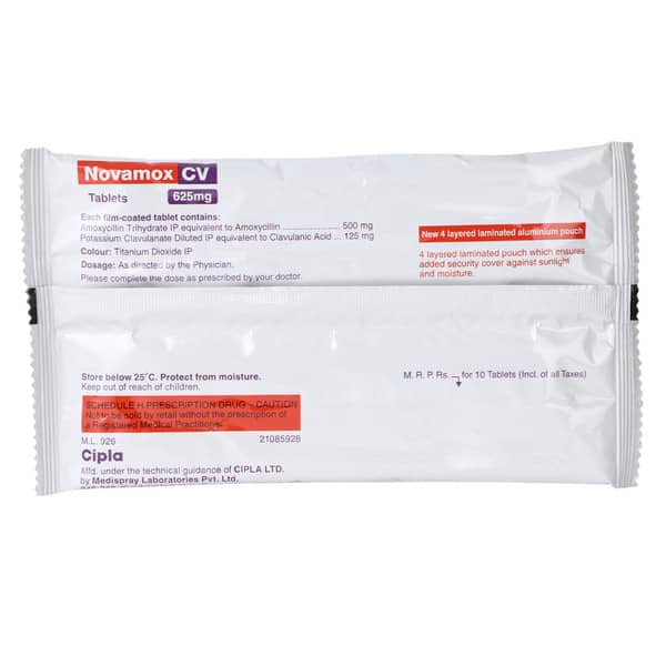 नोवामोक्स सीवी 625एमजी की स्ट्रिप 10 टैबलेट्स