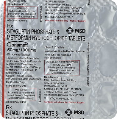 Janumet 50mg/1000mg Strip Of 15 Tablets