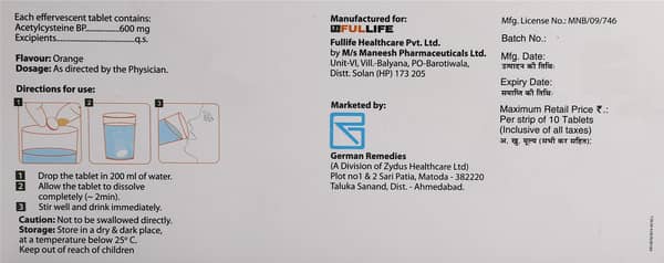 म्यूकोटैब ईटी 600एमजी ऑरेंज फ्लेवर शुगर फ्री की स्ट्रिप 10 टैबलेट्स