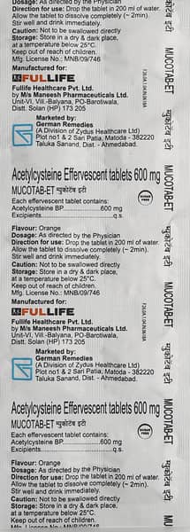 म्यूकोटैब ईटी 600एमजी ऑरेंज फ्लेवर शुगर फ्री की स्ट्रिप 10 टैबलेट्स
