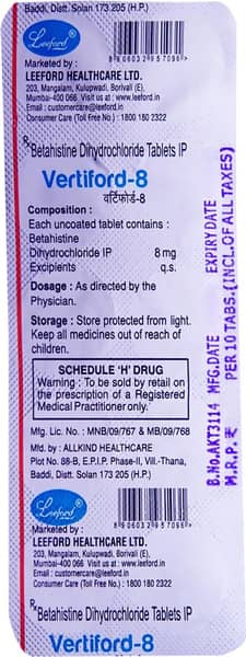 Vertiford 8mg Strip Of 10 Tablets