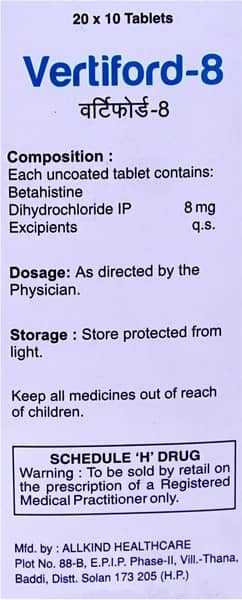 Vertiford 8mg Strip Of 10 Tablets