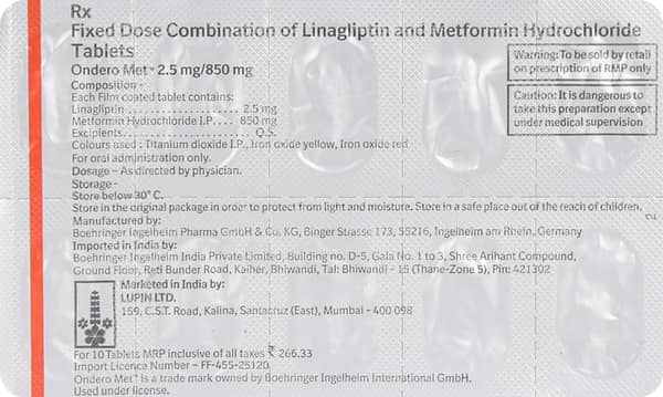 Ondero Met 2.5/850mg Strip Of 10 Tablets
