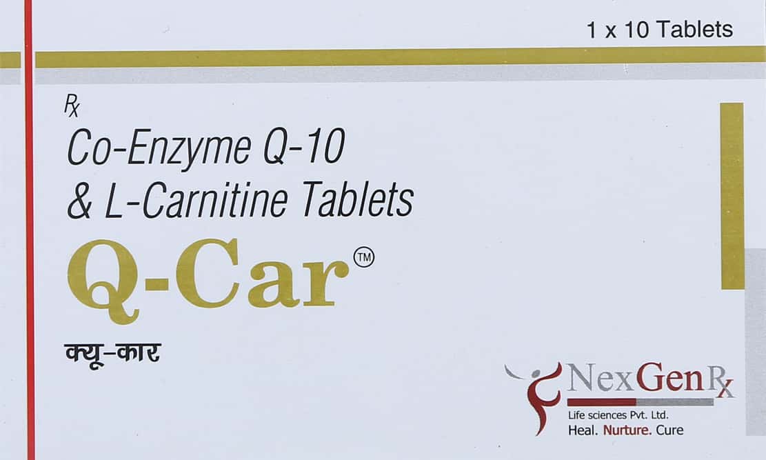 coenzyme q10 & l carnitine tablets q car Q Car Strip Of 10 Tablets: Uses, Side Effects, Price & Dosage