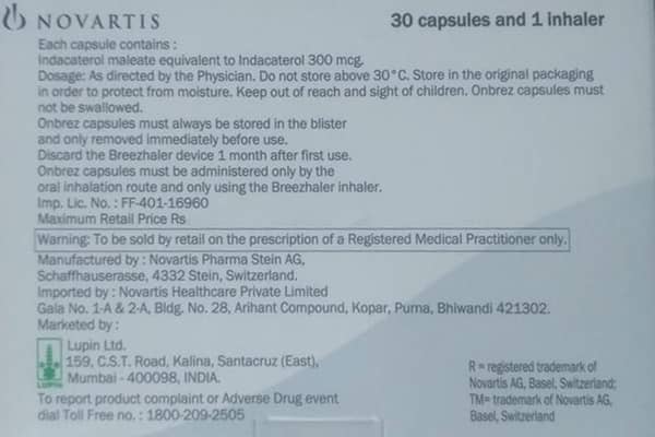 Onbrez Breezhaler 300Mcg Bottle Of 30 Inhalation Capsules