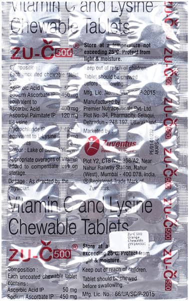 Zu C 500mg Orange Flavour Strip Of 15 Chewable Tablets